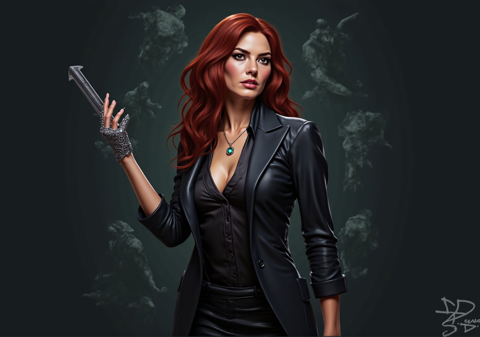 Create an image of Dana Scully standing confidently, wielding the Witchblade on her right wrist and forearm. She should be dressed in a fitted, stylish FBI attire that subtly accentuates her figure, such as an open tailored blazer, over a sleek blouse with the top button undon. Her expression is one of empowerment and determination, showcasing her strength. The Witchblade should appear as a grey, intricate artifact with jewels, wrapping around her forearm and radiating energy, enhancing her commanding presence. The background hints at a dark and mysterious atmosphere, with shadows of supernatural elements, emphasizing her dual role as a fierce investigator and a powerful wielder of the Witchblade. The image should capture a sense of allure without compromising Scully's integrity, reflecting her as a formidable and sexy force in the realm of the supernatural.