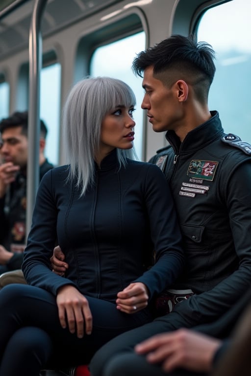 Create a scene inside a futuristic train, where Glacia Astania, a striking woman in her mid-20s with silver hair and vibrant purple irises, is sitting in the lap of a man in his early 40s. She is dressed in a dark military officer’s uniform with a skirt ending at her knees.  Her last name, 'Astania,' visible on her jacket’s tag. The man behind her has dark hair in a crew cut and is wearing a futuristic flight suit with 'Fokker' written on his chest.  One of his hands is on her leg, leading up to her skirt, the other is at her neck undoing one button.  They are subtly fooling around, with playful expressions and light touches, trying to keep their interaction discreet in the public setting. The futuristic train interior is sleek and modern, with metallic designs, soft lighting, and two passengers around them, unaware or politely ignoring the couple’s attempts to hide their chemistry