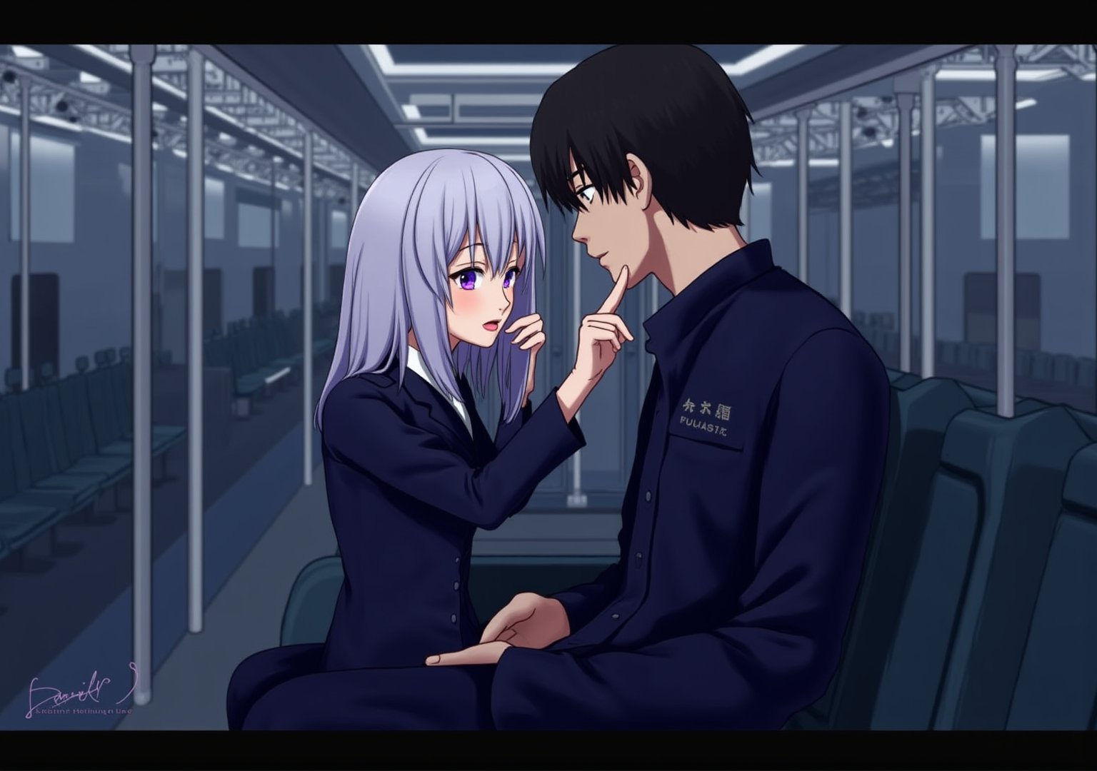 Create an image of a young woman with medium-length silver hair and striking purple irises, dressed in a formal military uniform, sitting in a futuristic train. She is seated in the lap of a taller man with dark hair in a flightsuit or working wear, sitting in his lap and facing away from him. Her expression reflects an internal struggle as she tries not to let her arousal show. The woman appears flustered yet quietly enjoying the intimate contact, subtly biting her lip or blushing. The futuristic train setting should have sleek metallic designs and soft lighting, and empty of other people.