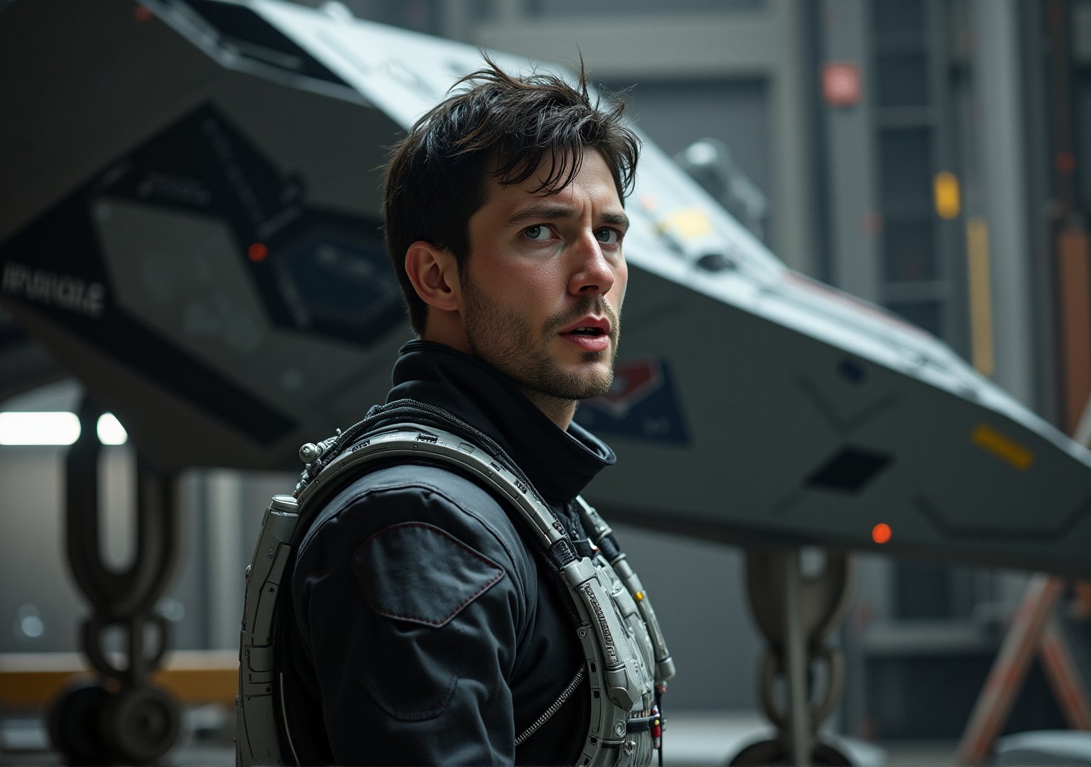 reate an image of a man in his early 40s with dark hair and light day-old stubble on his chin, wearing a sleek, futuristic flight suit. The view is from afar, as if someone has called out to him from across the room. He’s standing behind waist-high crates, with the landing gear of his advanced, futuristic fighter craft visible behind him in the background. The setting is the hangar of a large spaceship, with metallic walls and distant machinery visible in the soft lighting. His expression is a mix of embarrassment and surprise, trying to mask it with a composed look. The overall mood of the scene is playful and cute, capturing a moment of unexpected vulnerability from the pilot.