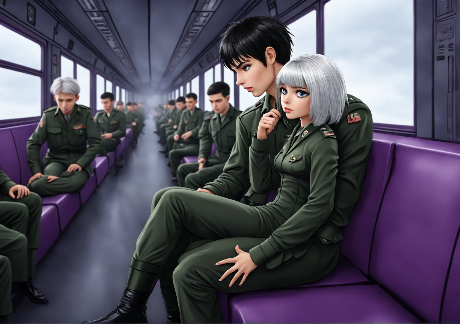 Create an image of a young woman with medium-length silver hair and striking purple irises, dressed in a formal military uniform, sitting in a futuristic train. She is seated in the lap of a taller man with dark hair in a flightsuit or working wear, sitting in his lap and facing away from him. Her expression reflects an internal struggle as she tries not to let her arousal show to the sparse people around them. The woman appears flustered yet quietly enjoying the intimate contact, subtly biting her lip or blushing. The futuristic train setting should have sleek metallic designs and soft lighting, with a few other passengers in the background, dressed in military uniforms or casual attire, unaware or politely ignoring the couple.