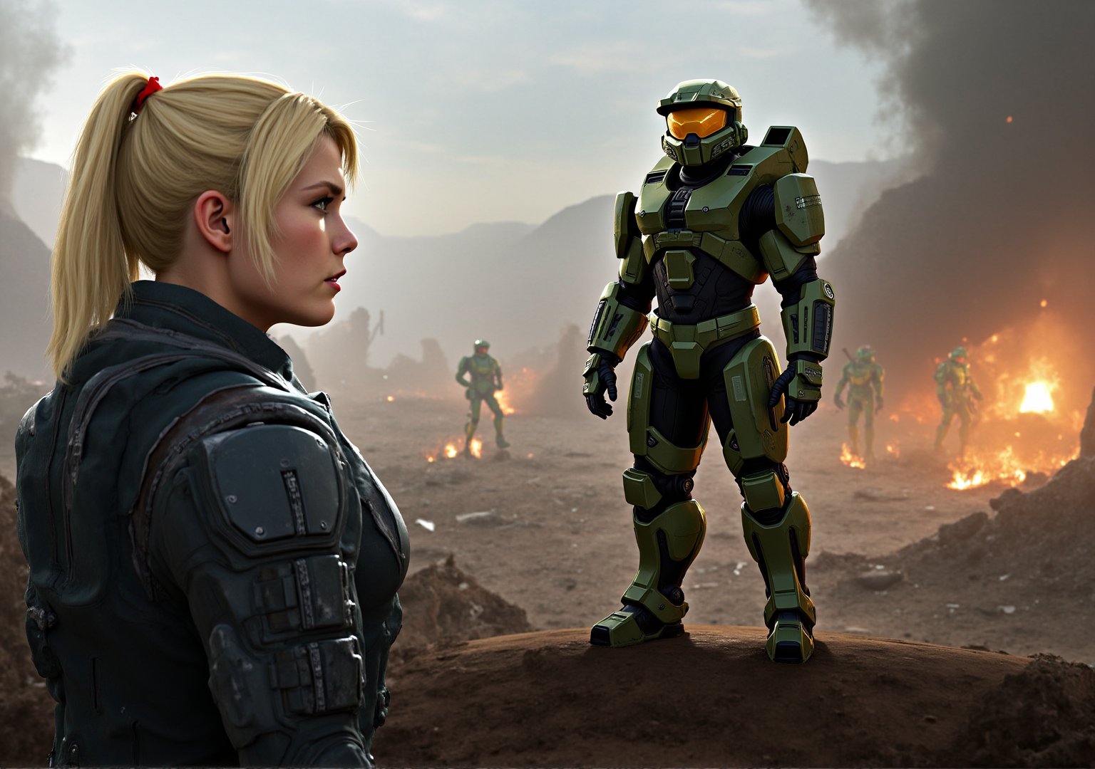 Create an epic image of Commander Jane Shepard and Master Chief 117 standing together on a war-torn battlefield. Commander Shepard is at the forefront, surveying the destruction with a determined expression, deep in thought as she strategizes their next move. She’s wearing her iconic futuristic N7 armor, battle-worn yet still shining with authority. Behind her, the imposing figure of Master Chief looms, standing tall in his green Spartan armor, ready for action. His posture is alert, prepared to follow any order she gives. The background shows the aftermath of a fierce battle—smoke rising, debris scattered, and distant flashes of combat. The image should capture the gravity of their leadership and the sense of hope and heroism they embody.