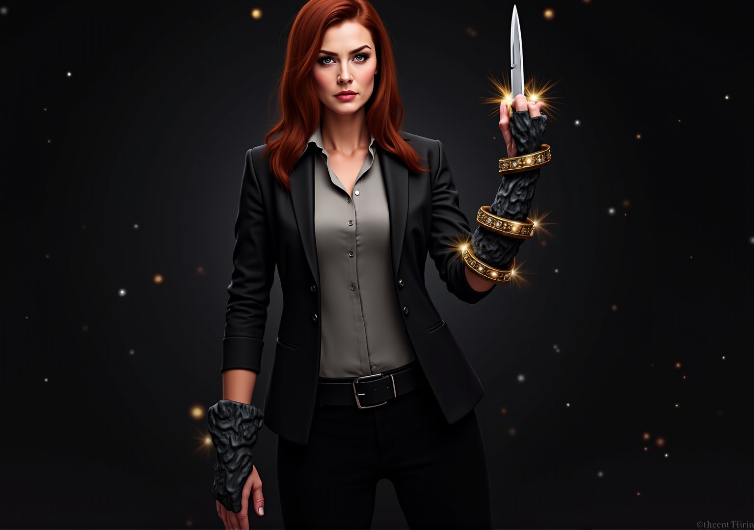 Create an image of Dana Scully standing confidently, wielding the Witchblade on her right wrist and forearm. She should be dressed in a fitted, stylish FBI attire that subtly accentuates her figure, such as an open tailored blazer, over a sleek blouse with the top button undon. Her expression is one of empowerment and determination, showcasing her strength. The Witchblade should appear as a grey, intricate artifact with jewels, wrapping around her forearm up to her elbow and radiating energy, enhancing her commanding presence.  A sharp blade protrudes from the top of her wrist.  The background hints at a dark and mysterious atmosphere, with shadows of supernatural elements, emphasizing her dual role as a fierce investigator and a powerful wielder of the Witchblade. The image should capture a sense of allure without compromising Scully's integrity, reflecting her as a formidable and sexy force in the realm of the supernatural.