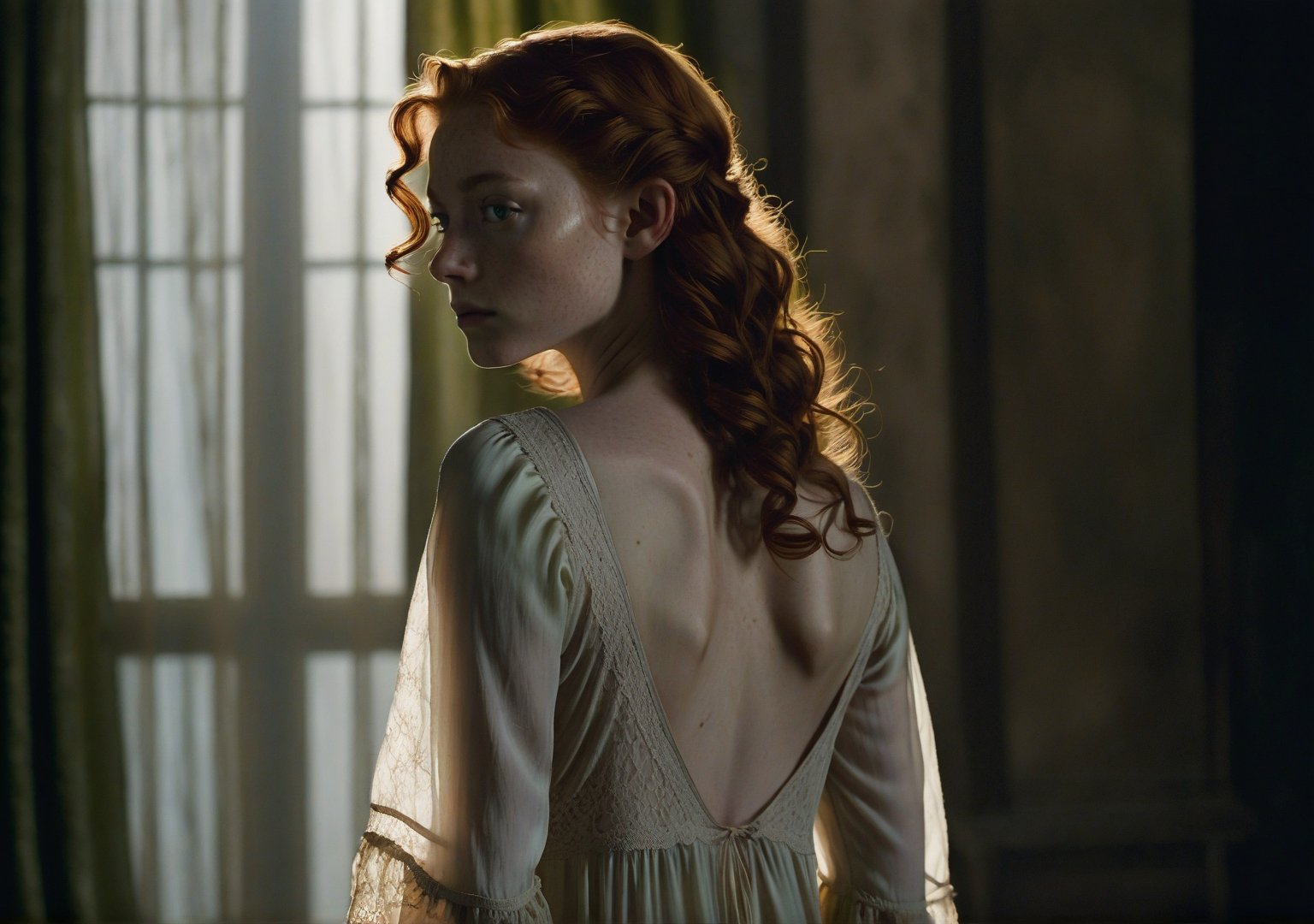 "A young woman with pale, freckled skin and auburn hair standing in a dimly lit room. Her loose curls cascade down her back, partially covering a delicate silk nightgown. The nightgown is thin, ivory-colored with lace trim, and tightly clings to her figure.  Parts of it are gauzy and see-through.  Her green eyes reflect the warm glow of a nearby candelabra, casting soft shadows across her face. The lighting highlights the softness of the silk and the texture of the lace. She stands with a guarded posture, one arm folded across her body. The room is decorated with dark, heavy curtains, an ornate bed, and cold stone walls, creating an atmosphere of isolation and luxury."
