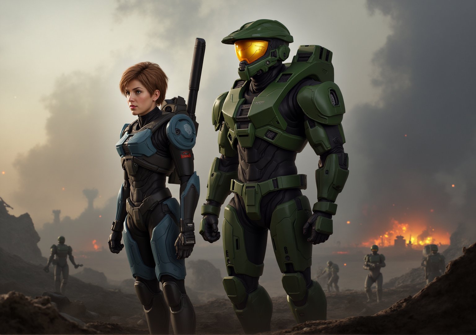 Create an epic image of Commander Jane Shepard and Master Chief 117 standing together on a war-torn battlefield. Commander Shepard is at the forefront, surveying the destruction with a determined expression, deep in thought as she strategizes their next move. She’s wearing her iconic futuristic N7 armor, battle-worn yet still shining with authority. Behind her, the imposing figure of Master Chief looms, standing tall in his green Spartan armor, ready for action. His posture is alert, prepared to follow any order she gives. The background shows the aftermath of a fierce battle—smoke rising, debris scattered, and distant flashes of combat. The image should capture the gravity of their leadership and the sense of hope and heroism they embody.