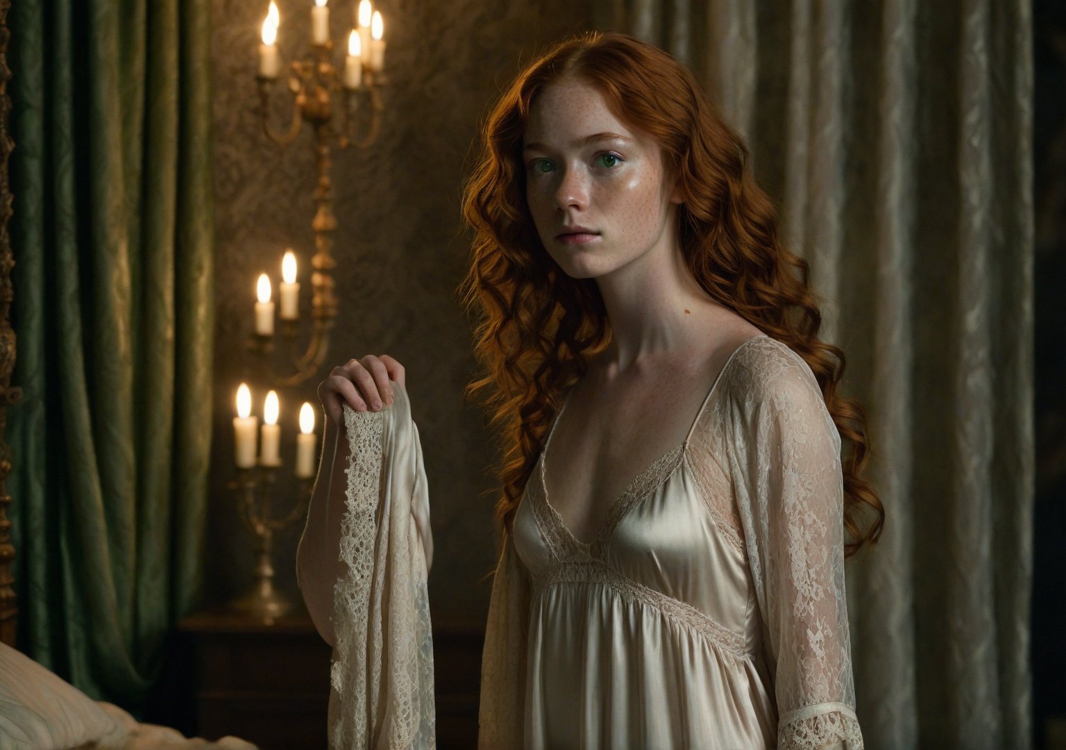 "A young woman with pale, freckled skin and auburn hair standing in a dimly lit room. Her loose curls cascade down her back, partially covering a delicate silk nightgown. The nightgown is thin, ivory-colored with lace trim, and lightly clings to her figure. Her green eyes reflect the warm glow of a nearby candelabra, casting soft shadows across her face. The lighting highlights the softness of the silk and the texture of the lace. She stands with a guarded posture, one arm folded across her body. The room is decorated with dark, heavy curtains, an ornate bed, and cold stone walls, creating an atmosphere of isolation and luxury."
