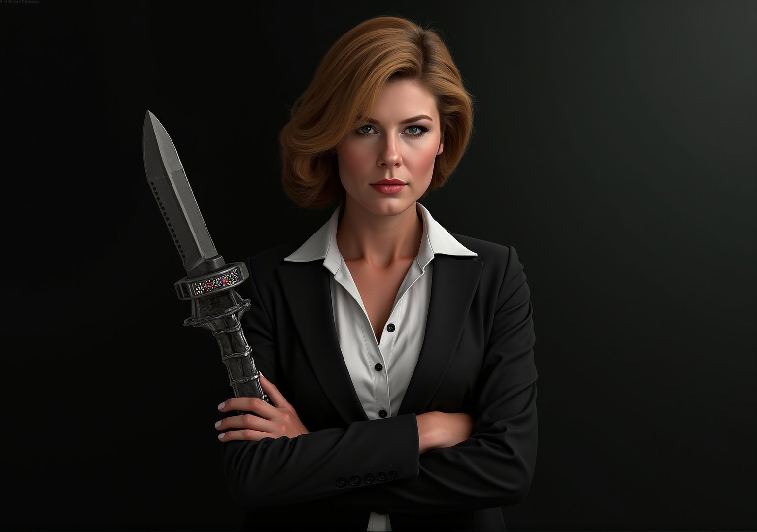 Create an image of Dana Scully standing confidently, wielding the Witchblade on her right wrist and forearm. She should be dressed in a fitted, stylish FBI attire that subtly accentuates her figure, such as an open tailored blazer, over a sleek blouse with the top button undon. Her expression is one of empowerment and determination, showcasing her strength. The Witchblade should appear as a grey, intricate artifact with jewels, wrapping around her forearm up to her elbow and radiating energy, enhancing her commanding presence.  A sharp blade protrudes from the top of her wrist.  The background hints at a dark and mysterious atmosphere, with shadows of supernatural elements, emphasizing her dual role as a fierce investigator and a powerful wielder of the Witchblade. The image should capture a sense of allure without compromising Scully's integrity, reflecting her as a formidable and sexy force in the realm of the supernatural.