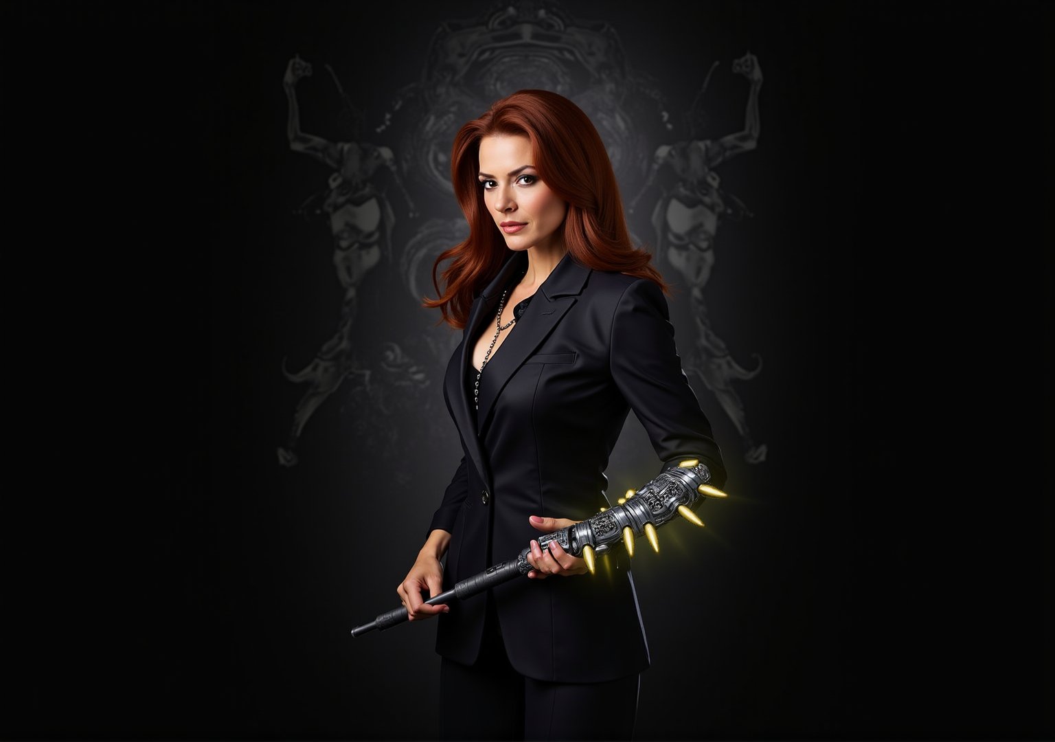 Create an image of Dana Scully standing confidently, wielding the Witchblade on her right wrist and forearm. She should be dressed in a fitted, stylish FBI attire that subtly accentuates her figure, such as a tailored blazer with the top button undone, over a sleek blouse. Her expression is one of empowerment and determination, showcasing her strength. The Witchblade should appear as a grey, intricate artifact with glowing jewels, wrapping around her forearm and radiating energy, enhancing her commanding presence. The background hints at a dark and mysterious atmosphere, with shadows of supernatural elements, emphasizing her dual role as a fierce investigator and a powerful wielder of the Witchblade. The image should capture a sense of allure without compromising Scully's integrity, reflecting her as a formidable and sexy force in the realm of the supernatural.