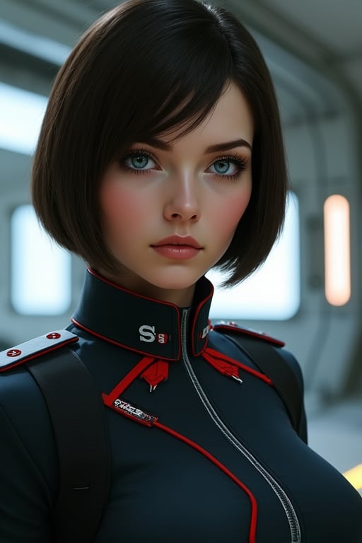 Create an image of a woman with short, dark brown hair styled in a neat bob. She has striking blue eyes, pale skin, and a determined yet calm expression. She is wearing a formal, futuristic military uniform with a high collar and distinct red and black color accents, including an insignia on the collar. The background shows a sleek, advanced-looking interior of a spaceship or high-tech environment, with metallic designs and control panels visible behind her. The mood of the image should reflect her composed and professional demeanor.