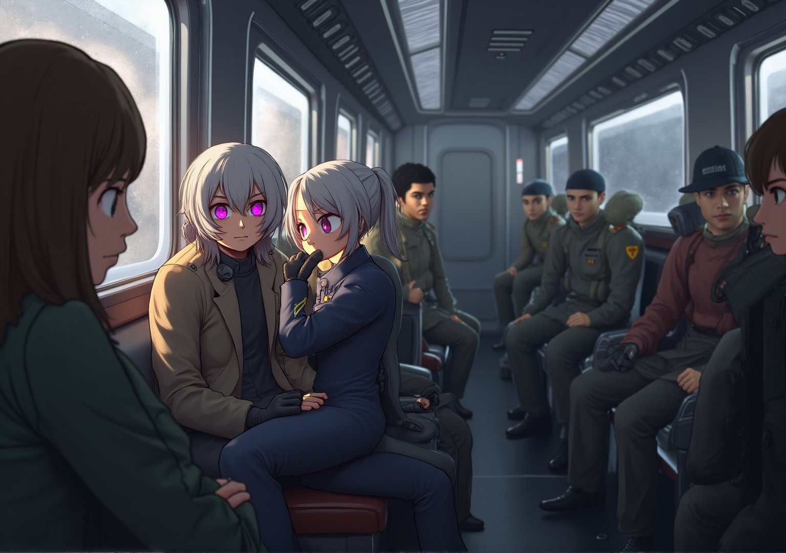 Create an image of a young woman with medium-length silver hair and striking purple irises, dressed in a formal military uniform, sitting in a futuristic train. She is seated in the lap of a taller man with dark hair in a flightsuit or working wear, sitting in his lap and facing away from him. Her expression reflects an internal struggle as she tries not to let her arousal show to the sparse people around them. The woman appears flustered yet quietly enjoying the intimate contact, subtly biting her lip or blushing. The futuristic train setting should have sleek metallic designs and soft lighting, with a few other passengers in the background, dressed in military uniforms or casual attire, unaware or politely ignoring the couple.