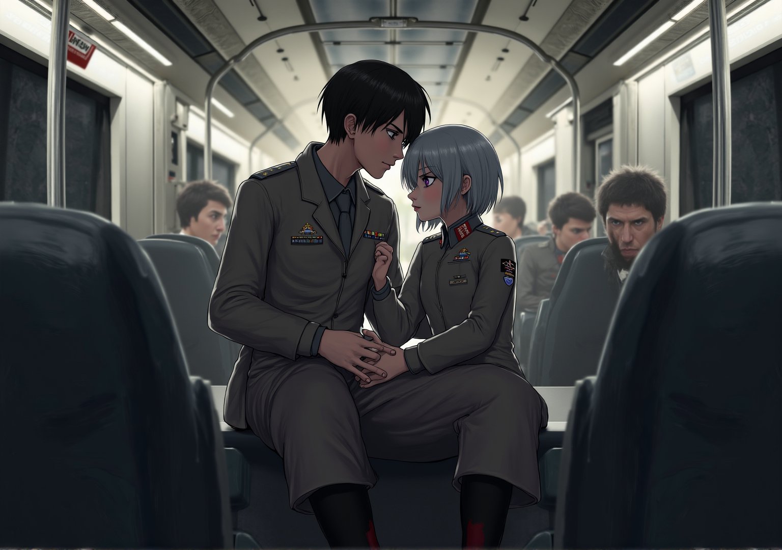 Create an image of a young woman with medium-length silver hair and striking purple irises, dressed in a formal military uniform, sitting in a futuristic train. She is seated in the lap of a taller man with dark hair in a flightsuit or working wear, sitting in his lap and facing away from him. Her expression reflects an internal struggle as she tries not to let her arousal show to the sparse people around them. The woman appears flustered yet quietly enjoying the intimate contact, subtly biting her lip or blushing. The futuristic train setting should have sleek metallic designs and soft lighting, with a few other passengers in the background, dressed in military uniforms or casual attire, unaware or politely ignoring the couple.