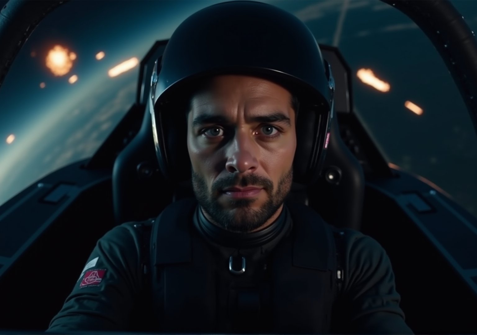 Create an image of a man in his late 30s with dark hair and light stubble on his chin. He’s wearing a sleek, futuristic flight suit, and a fighter craft helmet is on his head, the visor partially lifted to reveal his confident yet oddly detached expression. He sits in the cockpit of a high-tech, futuristic fighter craft, surrounded by glowing control panels and holographic displays. Outside the cockpit, deep space stretches infinitely, punctuated by distant explosions and flashes of light from an ongoing space battle. The mood is tense yet calm, capturing the man’s readiness and emotional distance in the midst of chaos.