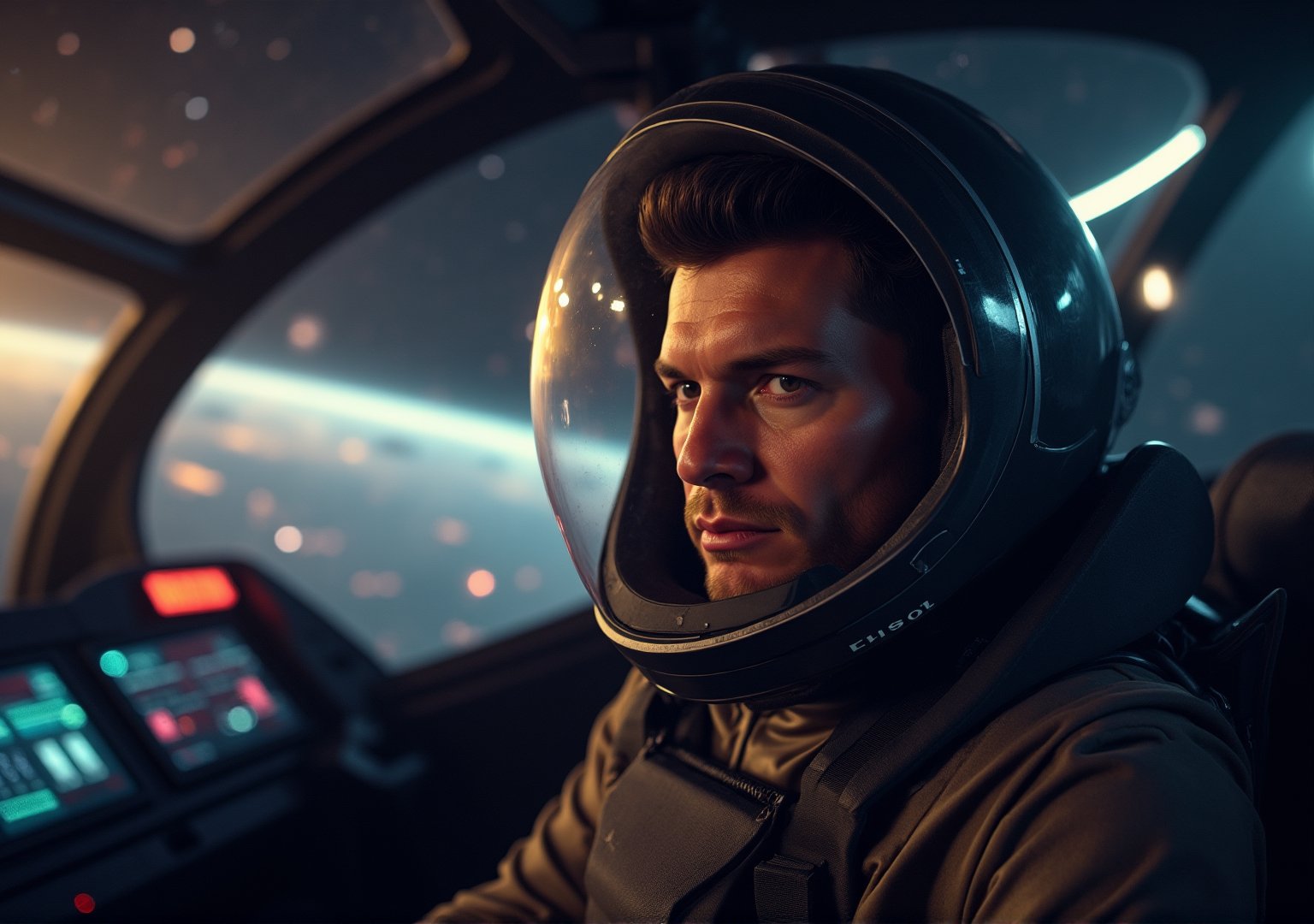 Create an image of a man in his early 40s with dark hair in a crew cut. He’s wearing a sleek, futuristic flight suit, and a fighter craft helmet is on his head, the visor partially lifted to reveal his confident yet oddly detached expression. He sits in the cockpit of a high-tech, futuristic fighter craft, surrounded by glowing control panels and holographic displays. Outside the cockpit, deep space stretches infinitely, punctuated by distant explosions and flashes of light from an ongoing space battle. The mood is tense yet calm, capturing the man’s readiness and emotional distance in the midst of chaos.