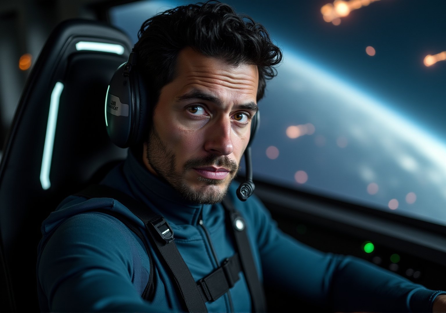 Create an image of a man in his late 30s with dark hair and light stubble on his chin. He’s wearing a sleek, futuristic flight suit, and a fighter craft helmet is on his head, the visor partially lifted to reveal his confident yet oddly detached expression. He sits in the cockpit of a high-tech, futuristic fighter craft, surrounded by glowing control panels and holographic displays. Outside the cockpit, deep space stretches infinitely, punctuated by distant explosions and flashes of light from an ongoing space battle. The mood is tense yet calm, capturing the man’s readiness and emotional distance in the midst of chaos.