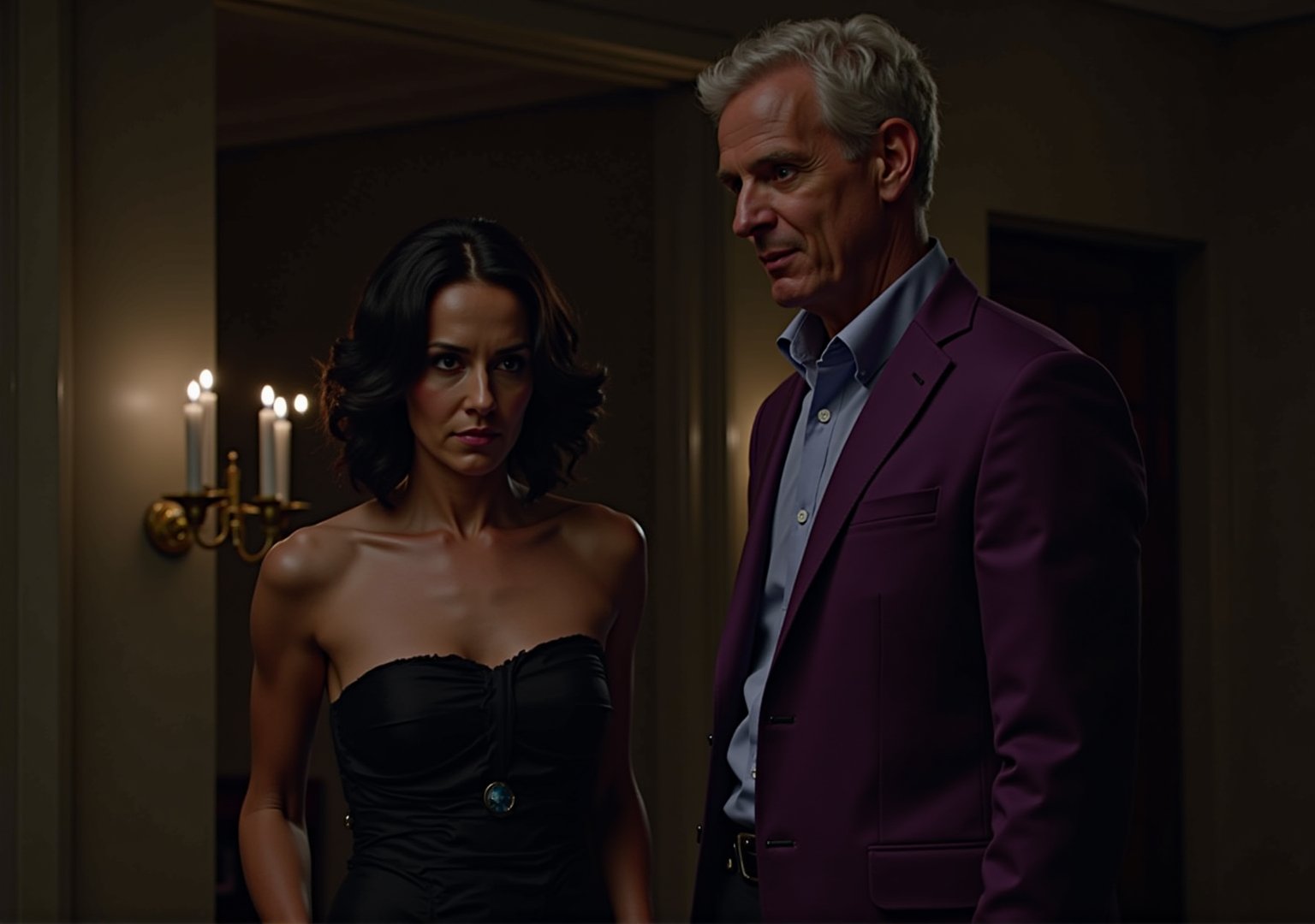 Create an image of Jessica Jones, a strong and defiant white woman, standing helplessly under Kilgrave's control. She’s dressed in a sultry, form-fitting evening gown that accentuates her figure, symbolizing her forced role as his property. Her face reflects deep sorrow and resistance, a forlorn expression that reveals her inner turmoil. Kilgrave, a white British man dressed in a sleek, tailored purple suit, stands beside her, examining her with a smug and possessive look. The room should have an upscale, luxurious setting with dim lighting, emphasizing Jessica's emotional struggle against the oppressive control she cannot resist.