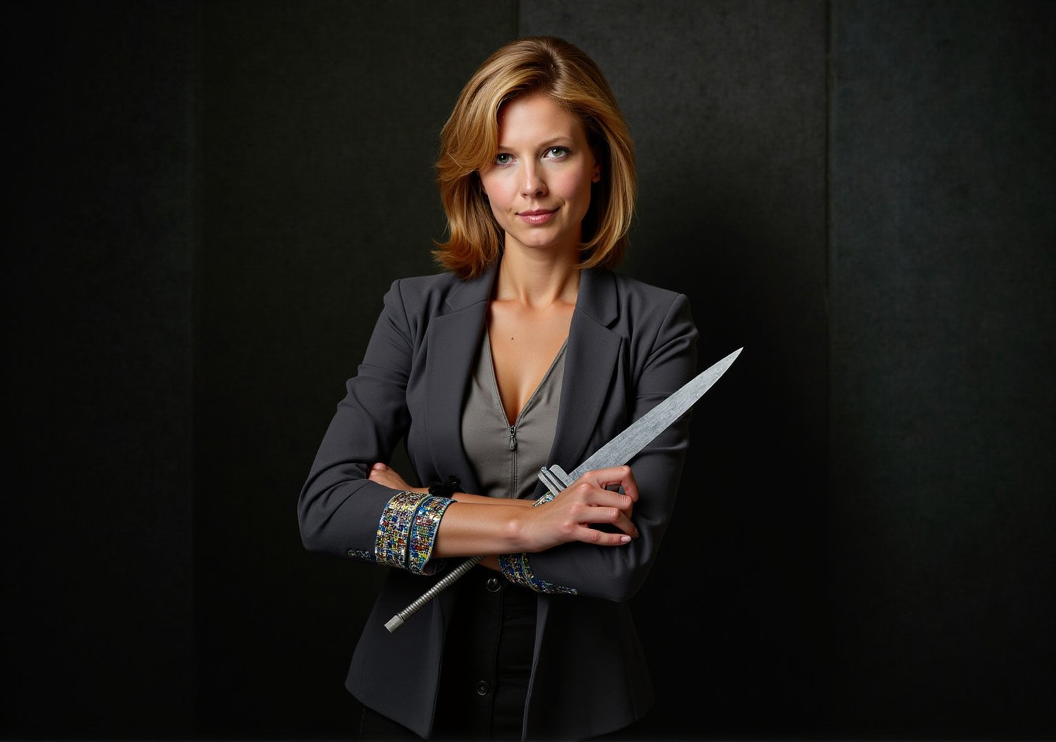 Create an image of Dana Scully standing confidently, wielding the Witchblade on her right wrist and forearm. She should be dressed in a fitted, stylish FBI attire that subtly accentuates her figure, such as an open tailored blazer, over a sleek blouse with the buttons undone to her waist. Her expression is one of empowerment and determination, showcasing her strength. The Witchblade should appear as a grey, intricate artifact with jewels, wrapping around her forearm up to her elbow and radiating energy, enhancing her commanding presence.  A sharp blade protrudes from the top of her wrist.  The background hints at a dark and mysterious atmosphere, with shadows of supernatural elements, emphasizing her dual role as a fierce investigator and a powerful wielder of the Witchblade. The image should capture a sense of allure without compromising Scully's integrity, reflecting her as a formidable and sexy force in the realm of the supernatural.