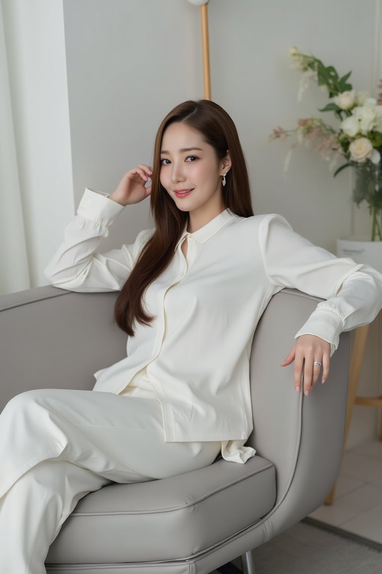 a relaxed model sitting comfortably on a sleek sofa, dressed in a crisp white blouse and elegant long pants, full body pose, beaming with confidence as she engages with the interviewer, soft focus background, cinematic lighting, high-fashion editorial style.,ParkMinYoung, long hair