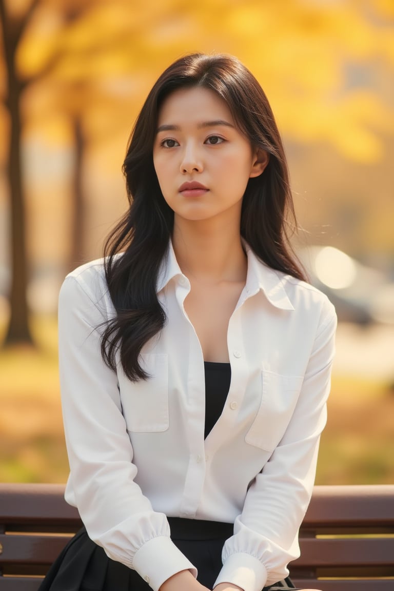 KimJiWon wearing a white shirt sits on a bench, bathed in warm, golden light, her expression serene and thoughtful. She wears a black top and skirt, blending into the soft autumn background with blurred trees and glowing leaves. Her dark hair frames her face, complementing the calm, introspective mood of the scene.