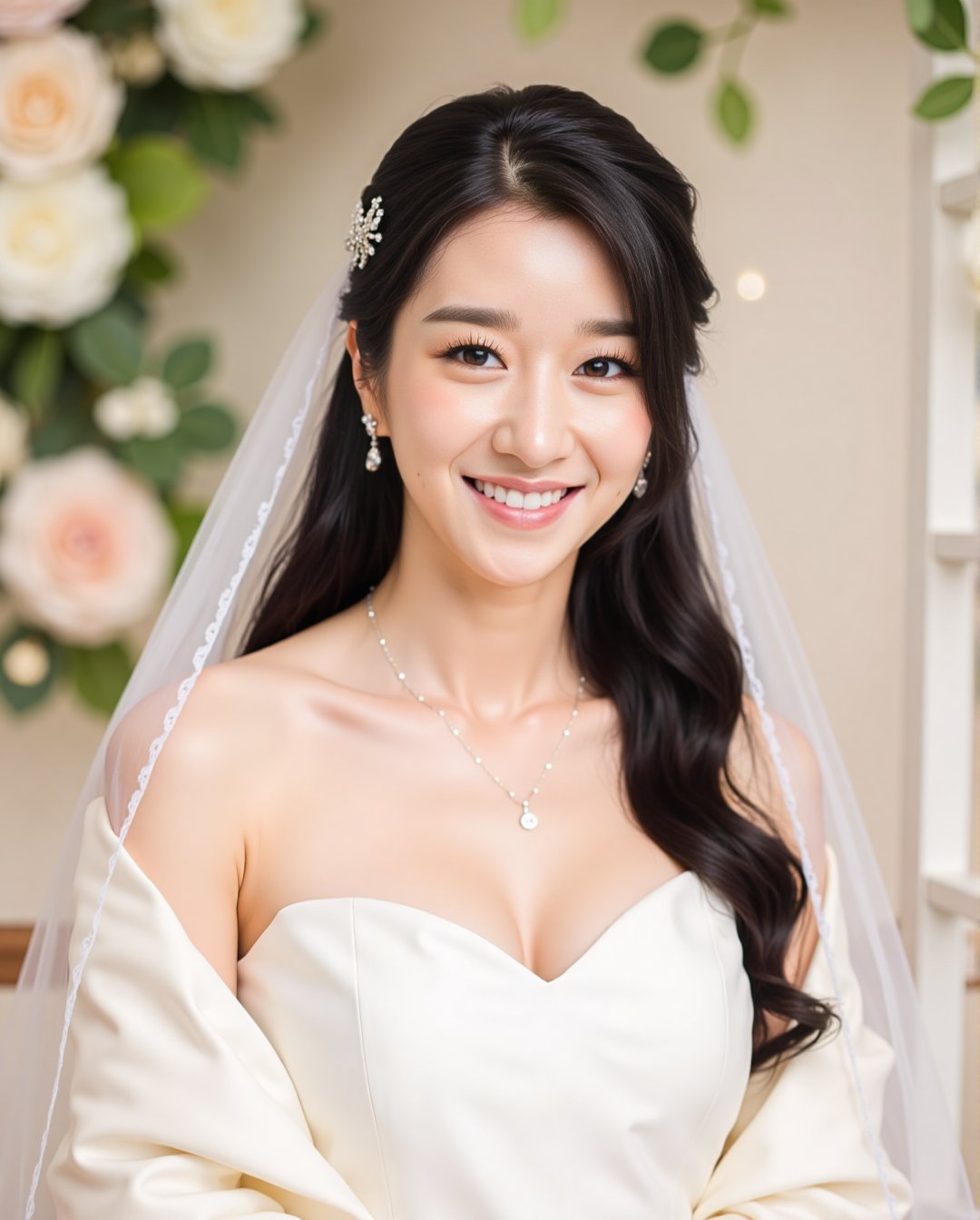 A serene bride, Seo Yea Ji, radiates joy in a strapless white wedding gown, her necklace glinting softly. Dark locks cascade down her back, adorned with a delicate hairpiece, as she cradles a light shawl. Soft decor elements in the background evoke a romantic atmosphere, her smile illuminating the serene scene.