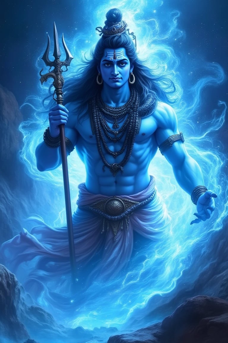 The image depicts a powerful and mystical figure that closely resembles Lord Shiva, a prominent deity in Hinduism, in a dynamic and intense scene. The character has a serene expression, with long, flowing hair, adorned with beads and a snake coiled around their neck. Their skin has a striking blue hue, and their body is muscular, with sacred markings on their forehead. He has Trishul(trident) in his hand.

The figure appears to be levitating or emerging from swirling, intense blue energy, with ice-like shards and ethereal mist surrounding them. The background is a dark, cosmic void with stars or distant galaxies, giving the impression of immense power and transcendence. The scene evokes a sense of divinity, power, and calm amidst chaos, enhanced by the fluidity of the energy and the character’s posture.