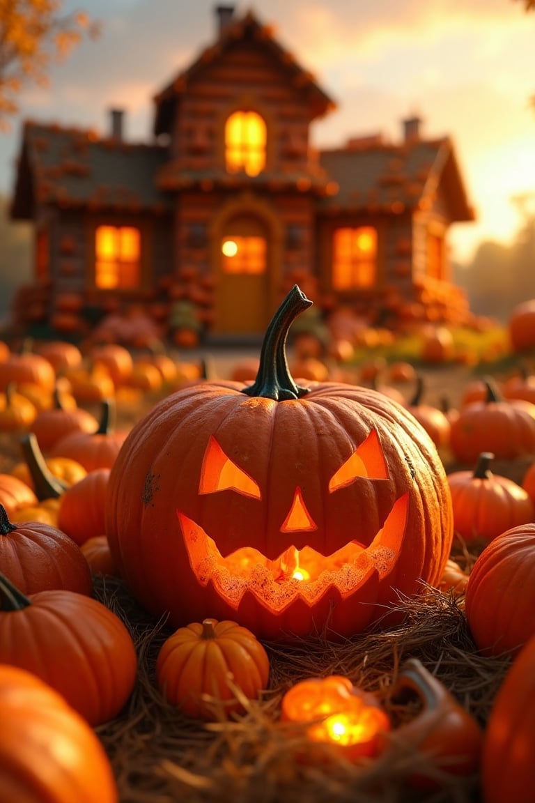 A detailed close-up shot of a jack-o'-lantern devouring a pumpkin, set at a vibrant pumpkin farm. The scene is framed with a house entirely made of pumpkins in the background, creating a whimsical and festive atmosphere. The lighting is warm and golden, highlighting the textures of the pumpkins and the carved face of the jack-o'-lantern. The composition is centered, with the jack-o'-lantern in the foreground, its mouth open wide as it takes a bite out of the pumpkin. The farm is bustling with activity, adding to the lively setting.,Lux render optimizing 