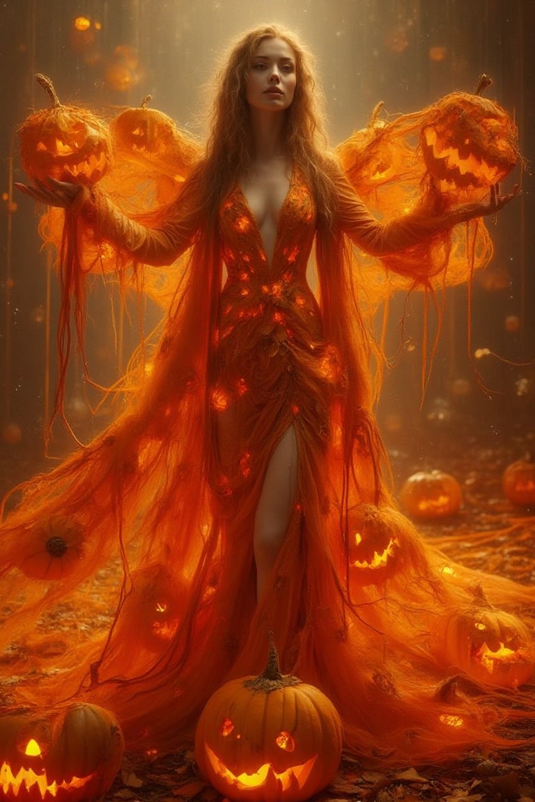 A captivating image of a beautiful goddess wearing a dress crafted from the material of Jack-o'-lantern pumpkins. The scene is framed in a mid-shot, showcasing the  Jack-o'-lantern pumpkins intricate details of her dress and her graceful pose. The lighting is warm and golden, highlighting the carved pumpkin patterns on her dress. The composition is centered, with the goddess standing elegantly, her dress flowing with a festive and mystical aura. The background is softly blurred, drawing attention to her and the unique design of her attire.,Lux render optimizing 