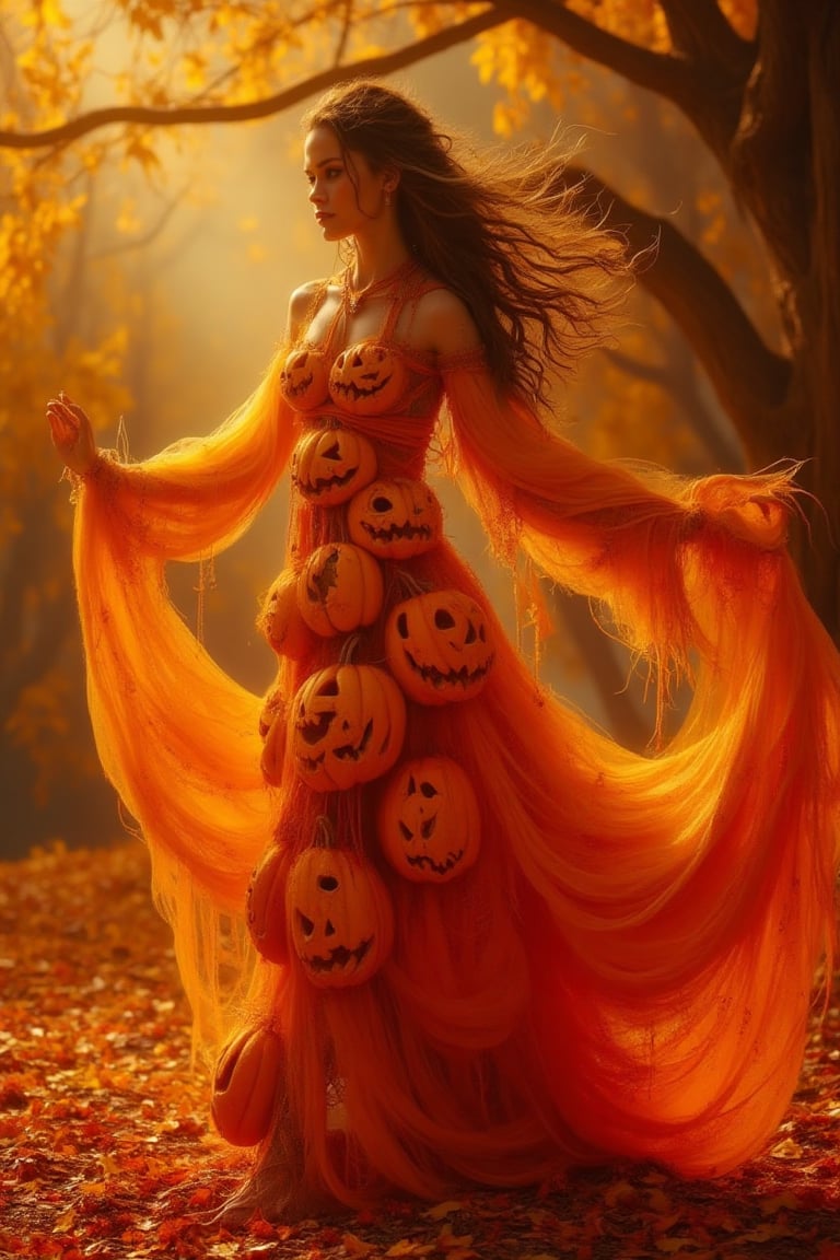 A captivating image of a beautiful goddess wearing a dress crafted from the material of Jack-o'-lantern pumpkins. The scene is framed in a mid-shot, showcasing the intricate details of her dress and her graceful pose. The lighting is warm and golden, highlighting the carved pumpkin patterns on her dress. The composition is centered, with the goddess standing elegantly, her dress flowing with a festive and mystical aura. The background is softly blurred, drawing attention to her and the unique design of her attire.,Lux render optimizing 