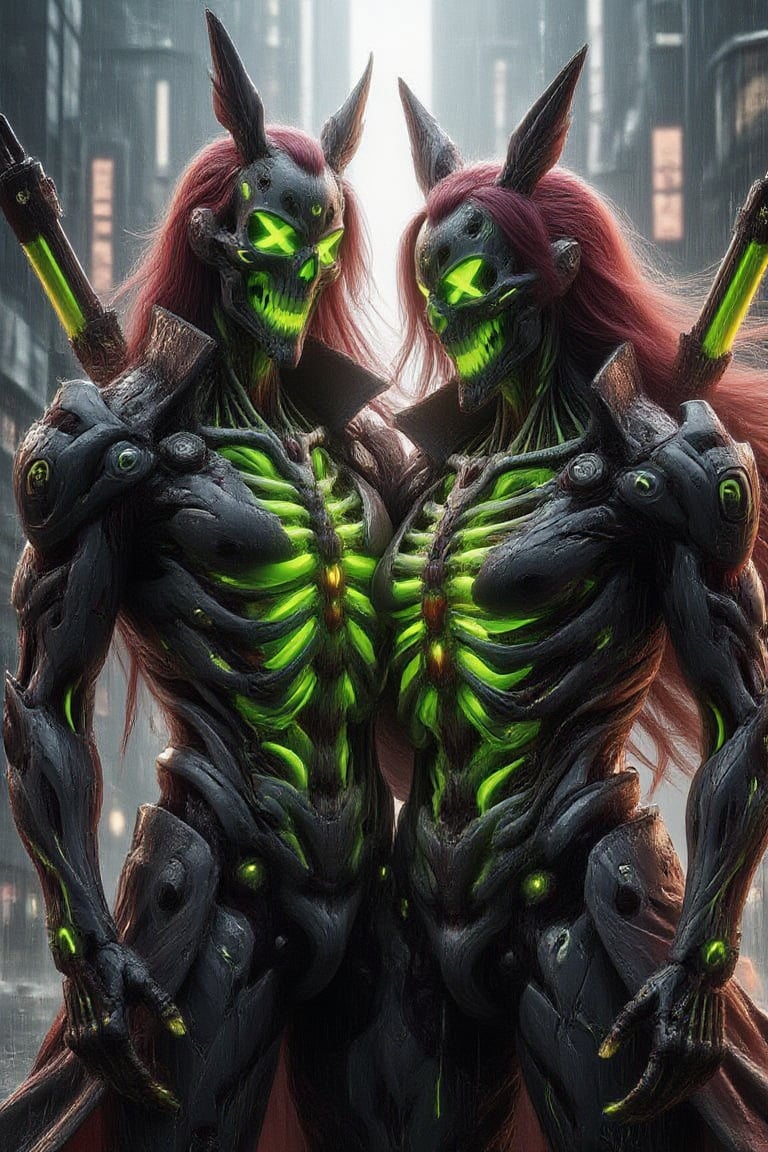 A pair of concept skeleton figures, each with long burgundy hair and joker masks, neon green glowing inner intricate, stand together in a futuristic, neon-lit cityscape. Both wear high-tech, armored suits and long, ceramic medieval coats, blending ancient and modern elements. The couple holds futuristic weapons, their postures close and playful. The scene is framed with a medium shot, capturing the figures in the center, with neon lights and towering skyscrapers creating a contrast between old and new. The lighting is dynamic and vibrant, highlighting the intricate details of their armored suits and ceramic coats.