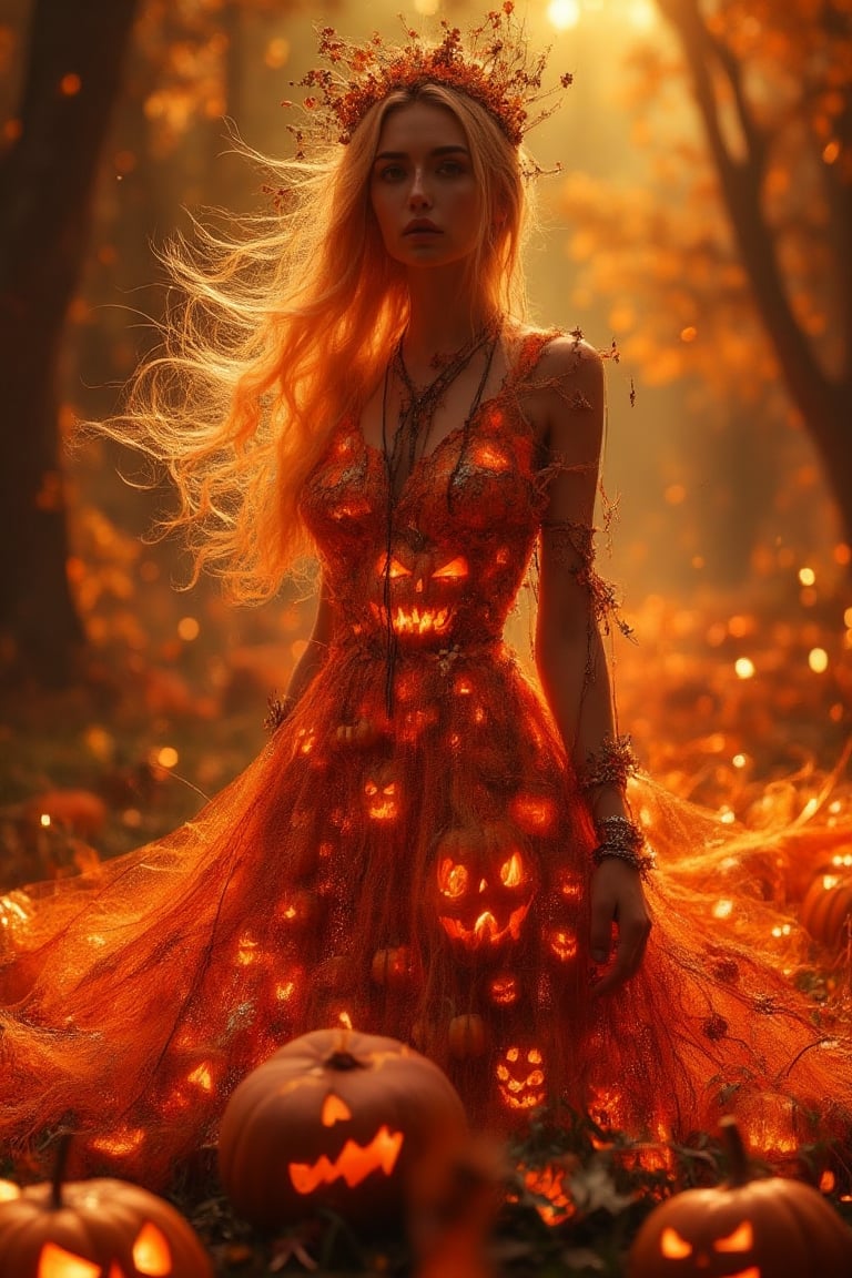 A captivating image of a beautiful goddess wearing a dress crafted from the material of Jack-o'-lantern pumpkins. The scene is framed in a mid-shot, showcasing the  Jack-o'-lantern pumpkins intricate details of her dress and her graceful pose. The lighting is warm and golden, highlighting the carved pumpkin patterns on her dress. The composition is centered, with the goddess standing elegantly, her dress flowing with a festive and mystical aura. LaTeX textures, LaTeX effects, The background is softly blurred, drawing attention to her and the unique design of her attire.,Lux render optimizing 