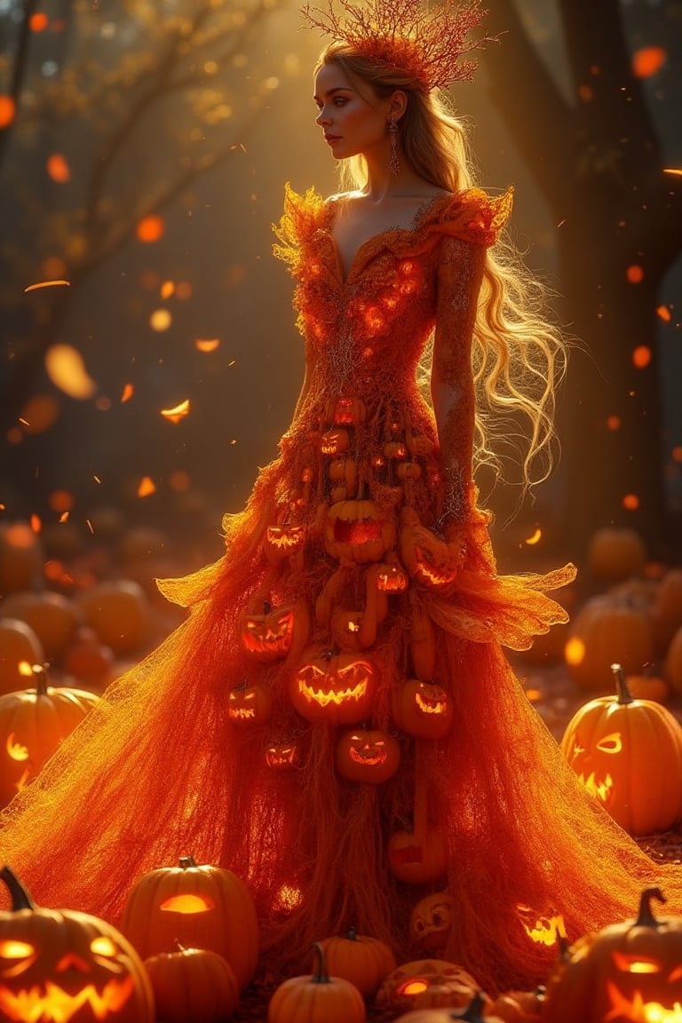 A captivating image of a beautiful goddess wearing a dress crafted from the material of Jack-o'-lantern pumpkins. The scene is framed in a mid-shot, showcasing the  Jack-o'-lantern pumpkins intricate details of her dress and her graceful pose. The lighting is warm and golden, highlighting the carved pumpkin patterns on her dress. The composition is centered, with the goddess standing elegantly, her dress flowing with a festive and mystical aura. LaTeX textures, LaTeX effects, The background is softly blurred, drawing attention to her and the unique design of her attire.,Lux render optimizing 