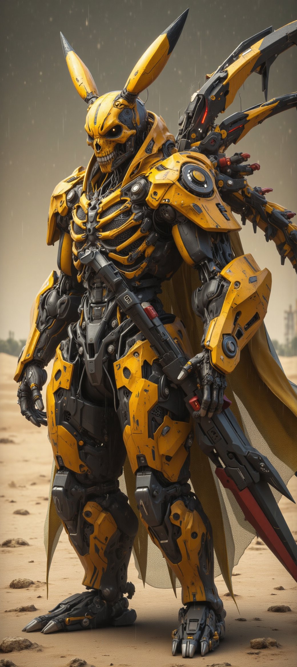 an apex necrobiosis Pikachu skull humanoid, thick Tails razor spinal cord , heavy_wide_body wearing a high tech military armour in the style of sci-fi grandeur, by JengLord, realism accuracy, carnibalisym ferocity 3d intricate rendering, pigeoncore, kimoicore, polycarbonate texture, iconic photography, ceramic effect, Dusty sandy Sahara highways background, ricoh r10 --ar 2:3 --c 02 --niji 6 --style raw