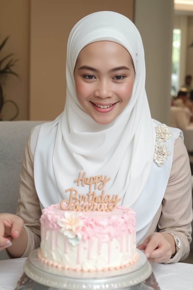 A beautiful Malay Hijab Girl wearing glamorous white wedding gaun cutting A delicious and luxury Birthday Cake with wording : "Happy Birthday Fasha" . Blushing cheek. 