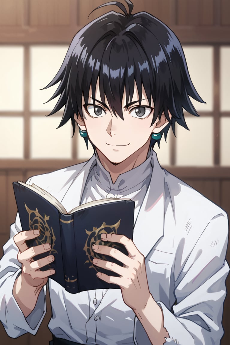 score_9, score_8_up, score_7_up, source_anime, BREAK, 1boy, male focus, solo, slender body,looking at viewer, portrait, depth of field,evil smile,Porunter,Chrollo Lucilfer,black hair,gray eyes, holding_item, holding Book Bandit's Secret