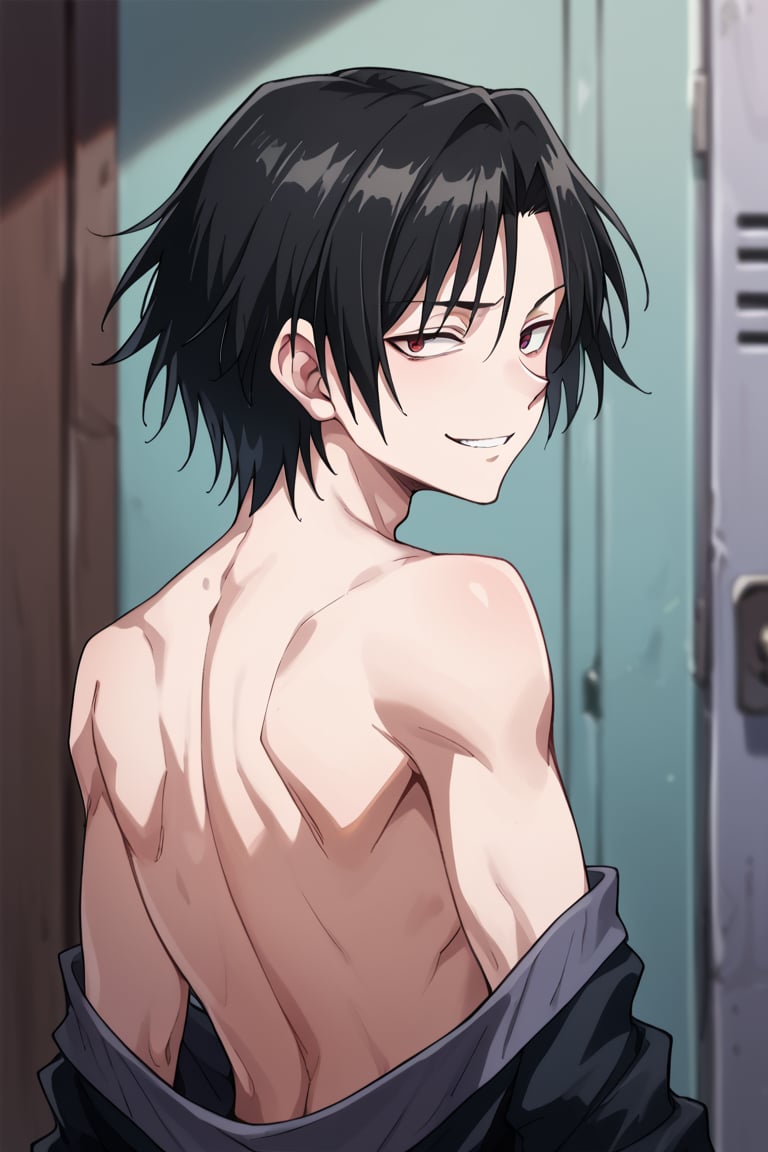 score_9, score_8_up, score_7_up, source_anime, BREAK, 1boy, male focus, solo, slender body,looking at viewer, portrait, depth of field,evil smile,Porunter,SHAFT LOOK, LOOKING BACK, FROM BEHIND,HEAD TILT