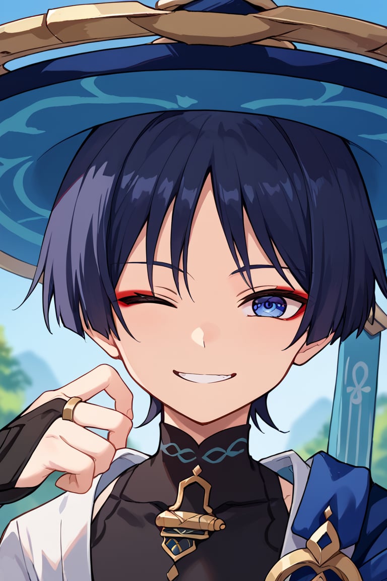 score_9, score_8_up, score_7_up, source_anime, BREAK, 1boy, male focus, solo, slender body,looking at viewer, portrait, depth of field,smile, young_boy,young,happy_face,wanderer,dark blue hair,blue eyes,red eyeliner,hat,thinking,one eyes closed