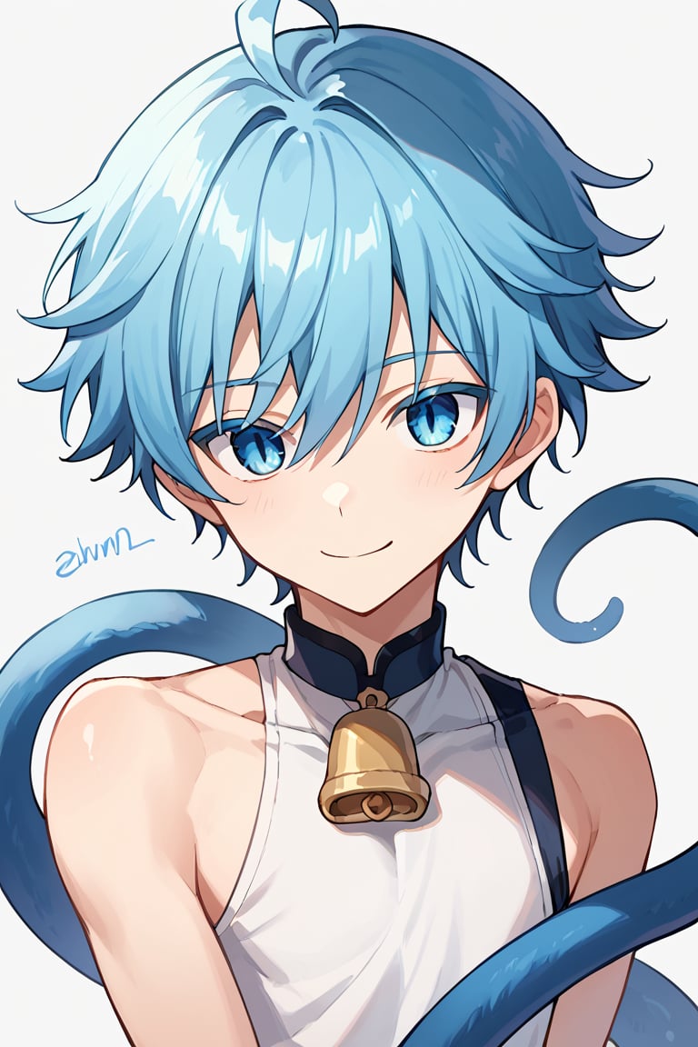 score_9, score_8_up, score_7_up, source_anime, BREAK, 1boy, male focus, solo, slender body, smile, :3, neck bell, tail, looking at viewer, portrait, simple background, pose cute, chongyun,blue eyes,blue hair,short hair,bangs,hair between eyes