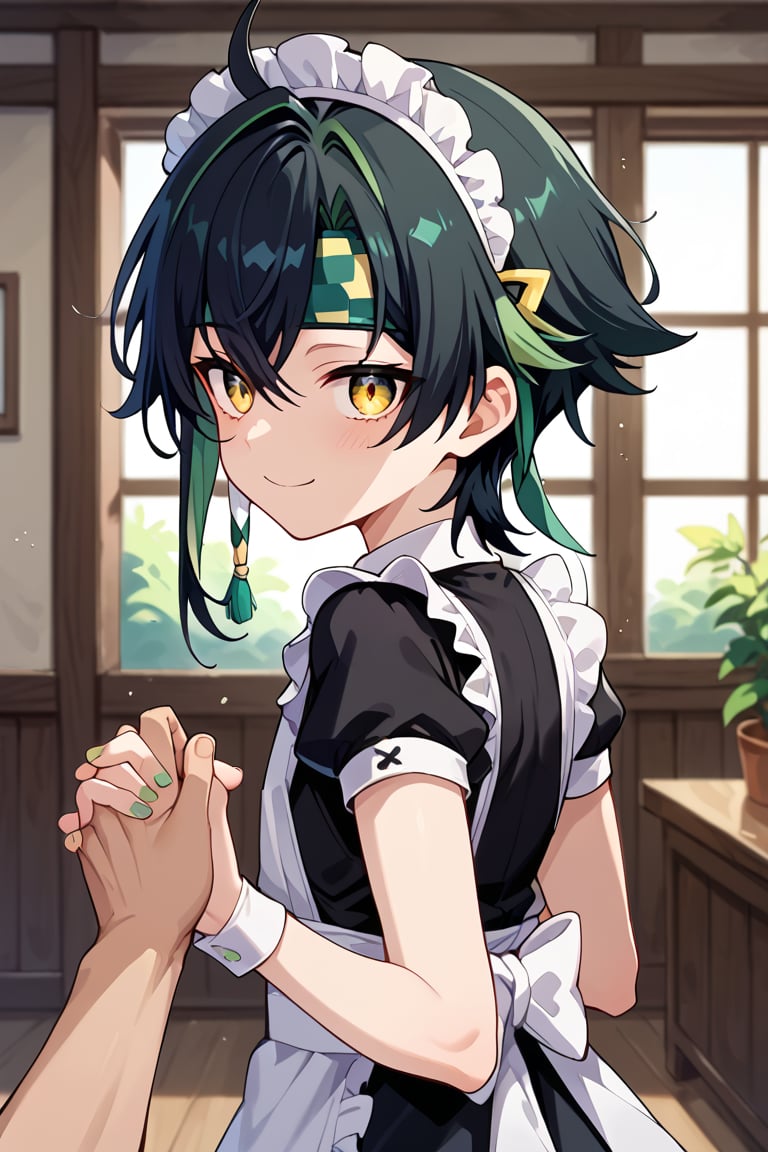 score_9, score_8_up, score_7_up, source_anime, BREAK, 1boy, male focus, solo, slender body,looking at viewer, portrait, depth of field, young_boy,young,maid_costume,smile,happy_face,Kinich,black hair,green hair,multicolored hair,green eyes,yellow eyes,gradient eyes,headband,holding hands, solo focus, pov hands, ou,from side,from behind,