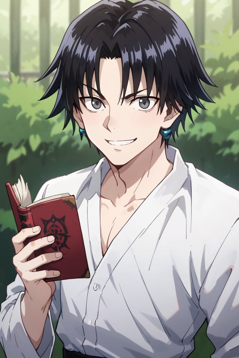 score_9, score_8_up, score_7_up, source_anime, BREAK, 1boy, male focus, solo, slender body,looking at viewer, portrait, depth of field,evil smile,Porunter,Chrollo Lucilfer,black hair,gray eyes, holding_item, holding Book Bandit's Secret from behind