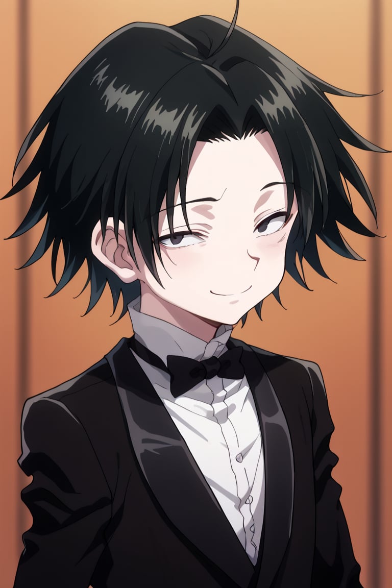 score_9, score_8_up, score_7_up, source_anime, BREAK, 1boy, male focus, solo, slender body,six pack,looking at viewer, portrait, depth of field,smile, young_boy,young,one eyes closed,Porunter,feitan,black hair,black suit,cute