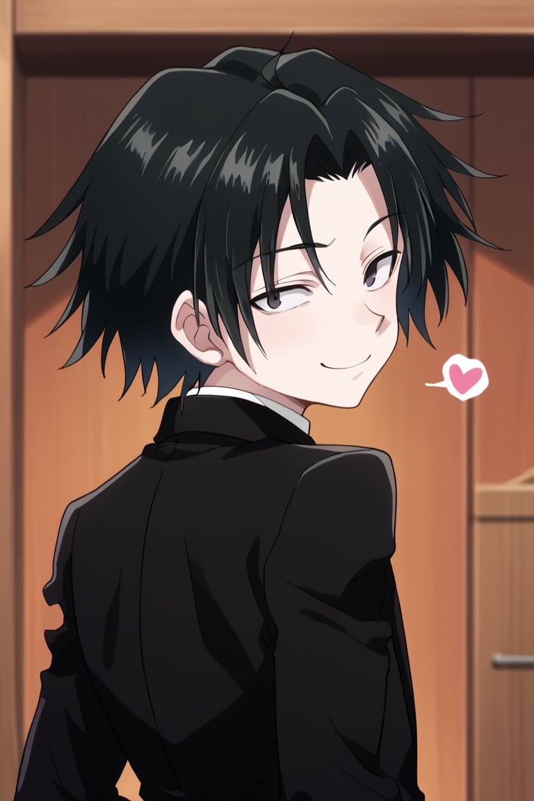 score_9, score_8_up, score_7_up, source_anime, BREAK, 1boy, male focus, solo, slender body,looking at viewer, portrait, depth of field, young_boy,young,Porunter,feitan,black hair, handsome boy,black suit,smile,happy_face,one eyes closed,like,blowing kiss, heart,SHAFT LOOK, LOOKING BACK, FROM BEHIND,HEAD TILT