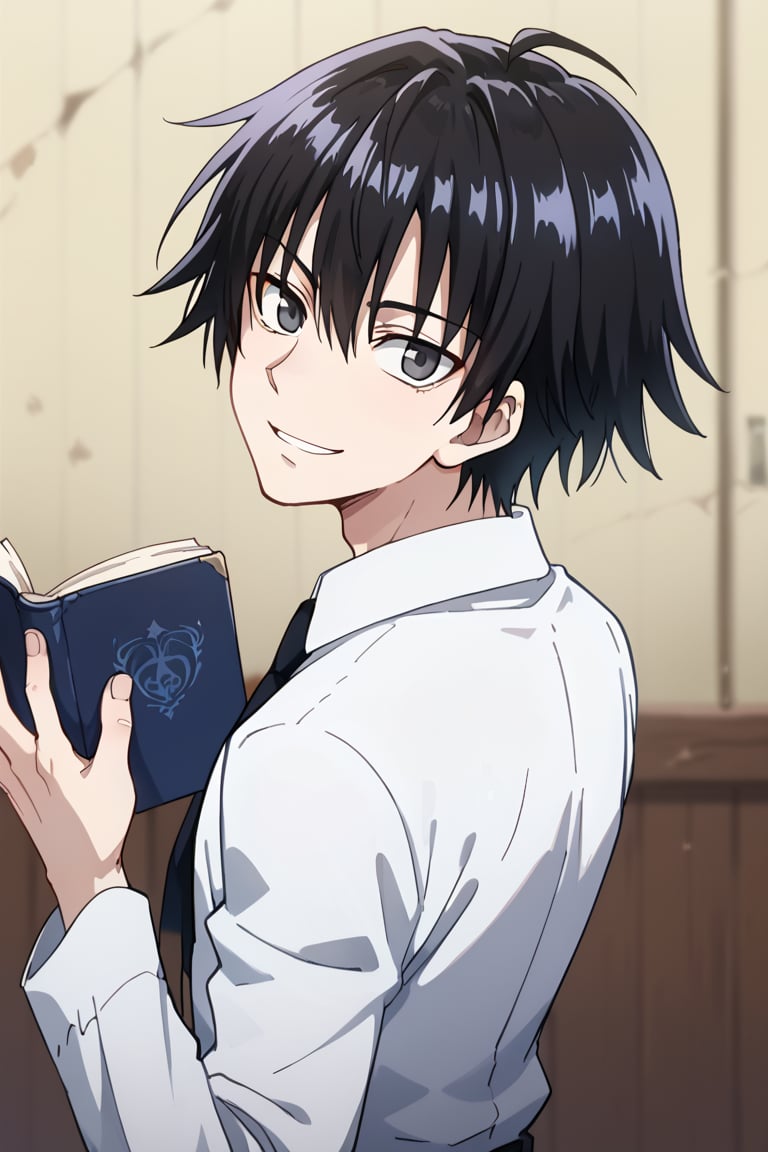 score_9, score_8_up, score_7_up, source_anime, BREAK, 1boy, male focus, solo, slender body,looking at viewer, portrait, depth of field,evil smile,Porunter,Chrollo Lucilfer,black hair,gray eyes, holding_item, holding Book Bandit's Secret from behind,SHAFT LOOK, LOOKING BACK, FROM BEHIND,HEAD TILT