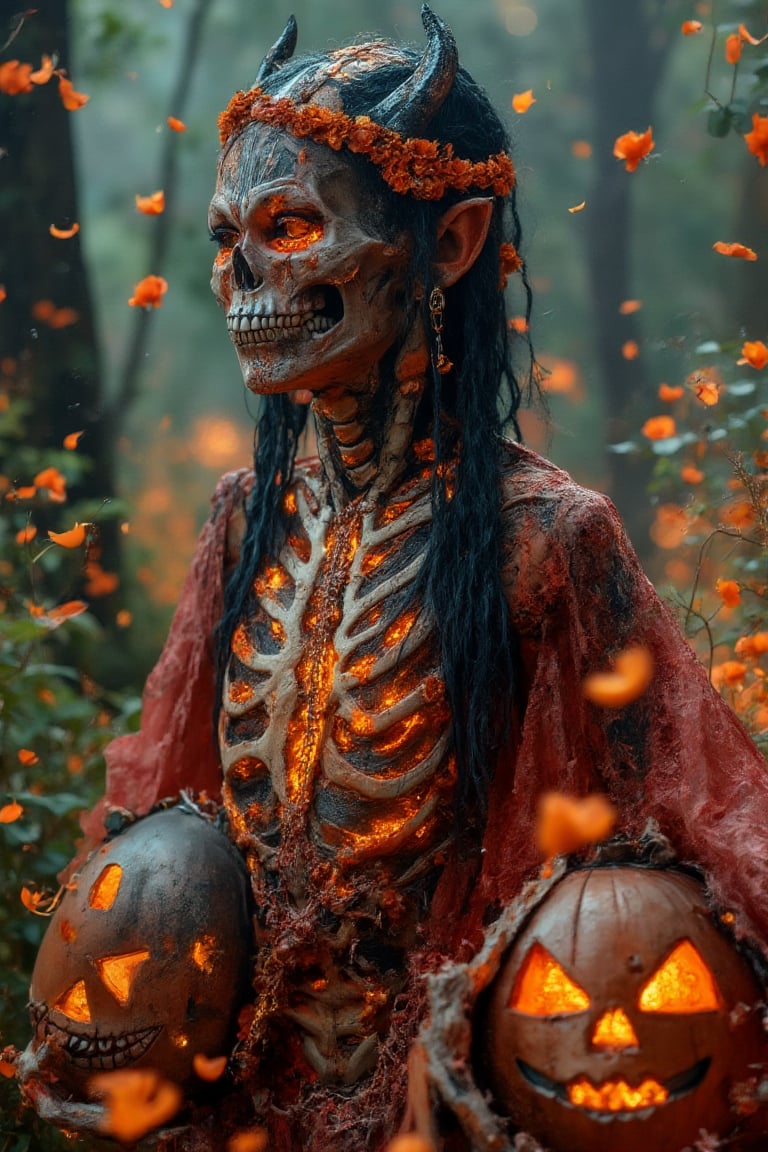 A neutral beautiful Indonesian in the world,  Jack-o'-lantern glowing skeleton tattoo intricate is carved at here whole bo...