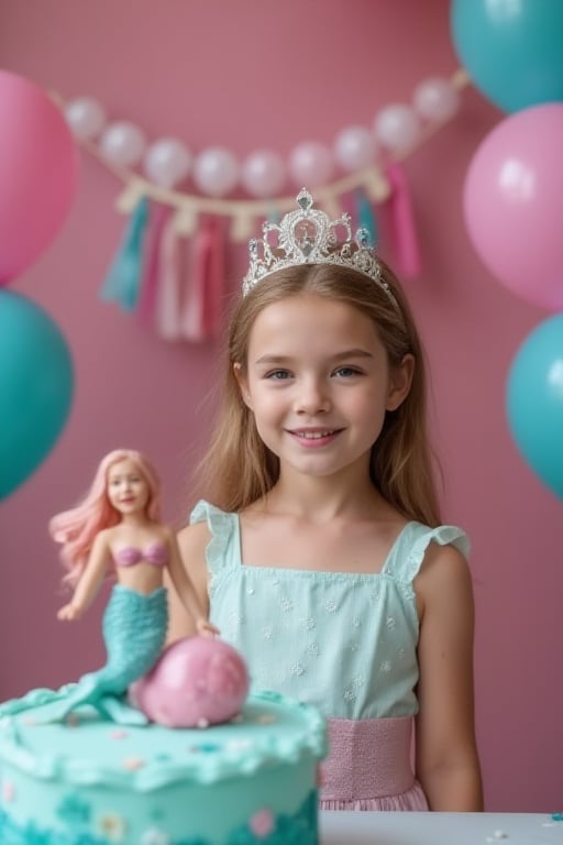 Generate a little girl who has a birthday and is dressed as a princess. Let the little girl have a mermaid on her cake. Let there be pink and turquoise balloons around. The little girl who turned 3 looks happy. Birthday consept is little mermaid and sea. hyper realistic. Photography,CrN08