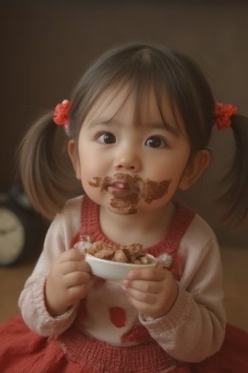 little girl eats chocolate. There's chocolate smeared around his mouth and on his cheeks. hyper realistic, uştra realistic, photography,Yade10