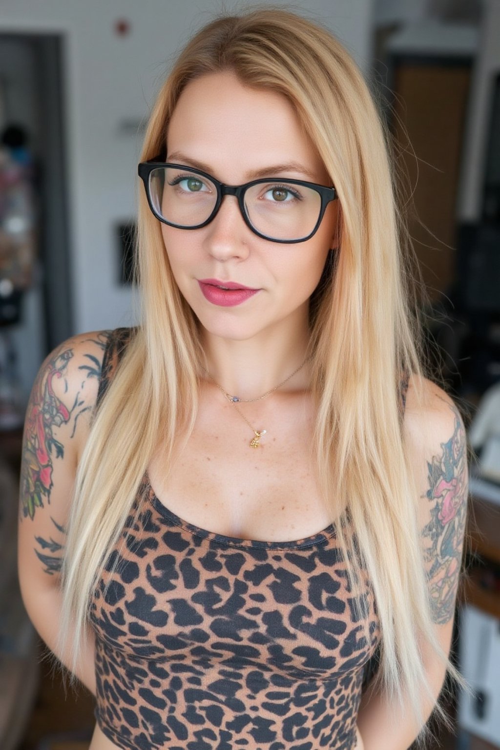 A photo of a 30yo goth T4tt00_G1rl woman with very long straight natural blonde hair, a cute round face with freckles, tattoos, glasses. She wears a tight fitted sleeveless leopard print top.