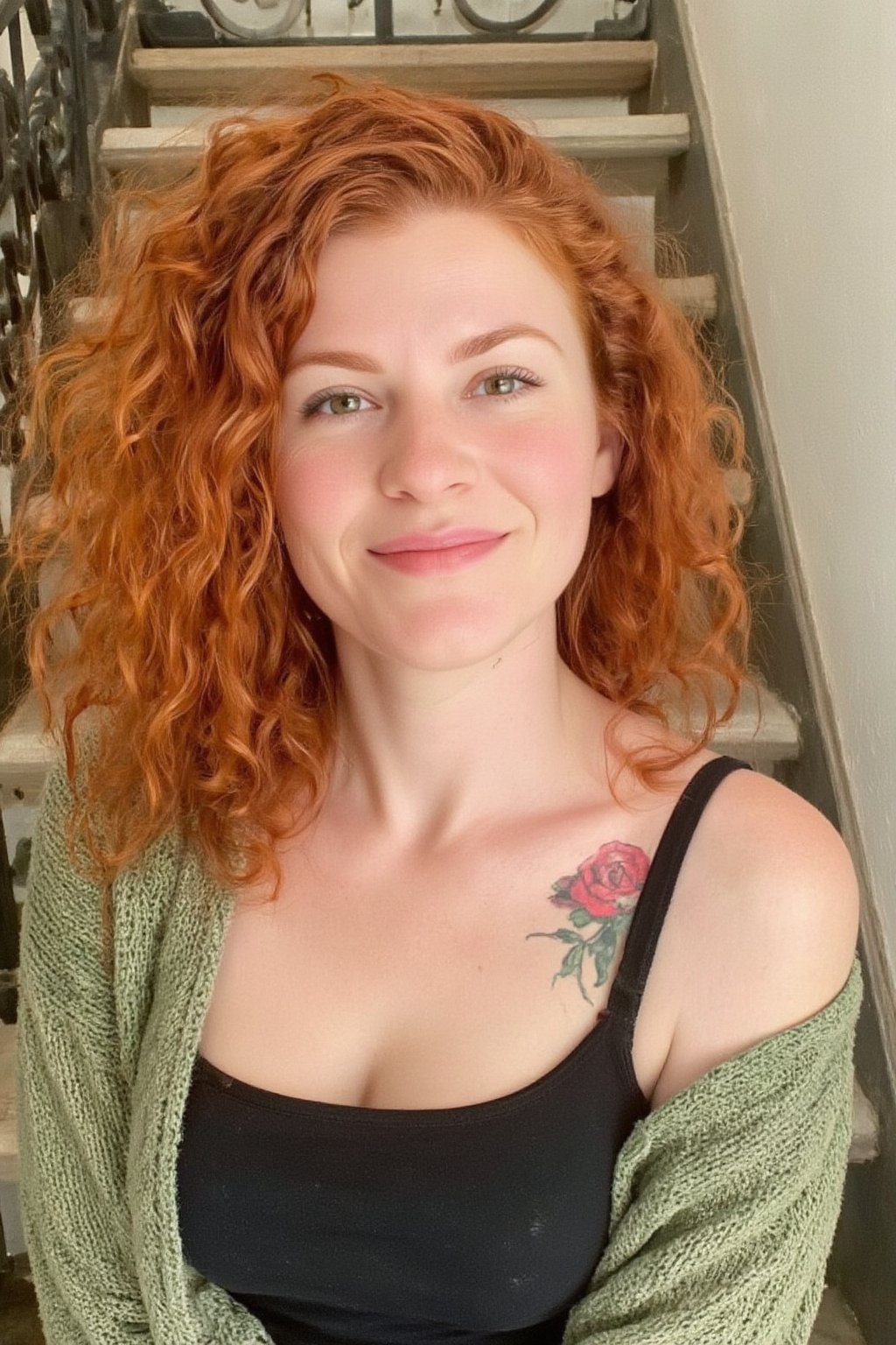 This is a high-resolution photograph of a 30yo woman with striking red hair, which is voluminous, curly, and cascades over her left shoulder. She has fair skin and a radiant smile, revealing her teeth. Her eyes are a soft hazel color, and she wears minimal makeup, emphasizing her natural beauty. She has a light blush on her cheeks and a hint of mascara. She is wearing a black bralette with a green off-the-shoulder sweater, which has a ribbed texture and a relaxed, casual fit. 
On her left shoulder a red rose is tattooed. 
The background shows a black wrought iron staircase with a white wall on the right side, suggesting an indoor setting. The lighting is natural, likely from a nearby window, giving the image a warm and inviting atmosphere. The overall mood of the photograph is cheerful and relaxed, capturing a candid moment of the woman's friendly expression.