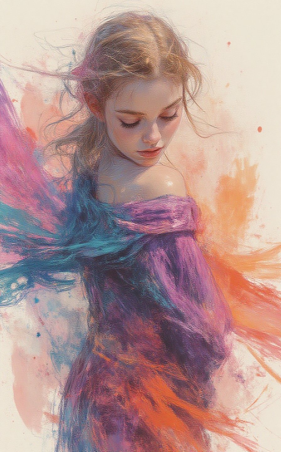 A stunning illustration of a young alluringly beauty woman standing gracefully, wearing an oversized sweater with one shoulder exposed, rendered in the bold, textured brushstrokes of Leonid Afremov combined with the fluidity of ink washing. The sweater is painted vibrant colors, cyan, purples, coral and oranges, sweeping fabric is caught in the wind, swirling around her in expressive, high contrast, thick strokes of paint. The flowing material dances through the air, creating a sense of dynamic motion and energy. The vibrant ink brings a subtle, ethereal quality to the swirling fabric, blending into soft, flowing gradients.The background is minimal, allowing the vibrant sweater and soft ink washes to stand out, as the combination of the great artist Afremov’s energetic style.