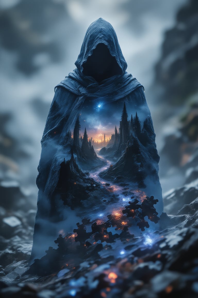 A mesmerizing digital art composition of a powerful wizard surrounded by a fusion of magical and surreal effects. The wizard stands at the center, cloaked in flowing, ethereal robes that appear to dissolve into wisps of enchanted energy, creating a seamless blend with the surrounding mystical background. Jigsaw puzzle pieces drift around him, as though he is part of a larger, unfinished tapestry of reality, with pieces missing to reveal a starry void behind. The image employs a strong double exposure technique, interweaving the wizard's form with landscapes of ancient forests, fog-covered mountains, and flickering magical symbols, giving an impression of his deep connection to the mystical world. Soft, ambient lighting illuminates his figure, casting a soft glow that emphasizes his intense gaze and the intricate details of his staff. Glowing particles and floating symbols add a layer of enchantment, creating a captivating, dreamlike atmosphere. The background is a blend of soft, muted colors with highlights of deep blues and purples, enhancing the ethereal quality of the scene,JigsawPuzzle,Stylized Double Exposure,Blend In Double Exposure,hkmagic