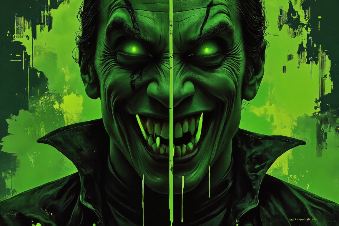 A portrait of Count Dracula with long, sharp canines, depicted in a neon green noir theme. His skin is pale, almost luminescent, contrasting with the deep shadows around him. The neon green hue casts an eerie glow on his sharp features, highlighting the sinister curve of his smile and his piercing eyes. The background is dark, shrouded in shadows with hints of neon green light cutting through, creating a spooky atmosphere. The overall scene is extra creepy, emphasizing Dracula's eerie presence with a modern twist on the classic vampire aesthetic.,CitrusShadow,EvilVampire