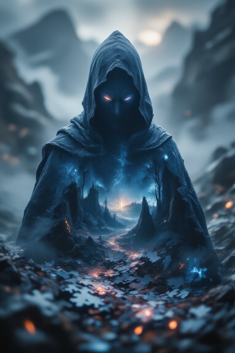 A mesmerizing digital art composition of a powerful wizard surrounded by a fusion of magical and surreal effects. The wizard stands at the center, cloaked in flowing, ethereal robes that appear to dissolve into wisps of enchanted energy, creating a seamless blend with the surrounding mystical background. Jigsaw puzzle pieces drift around him, as though he is part of a larger, unfinished tapestry of reality, with pieces missing to reveal a starry void behind. The image employs a strong double exposure technique, interweaving the wizard's form with landscapes of ancient forests, fog-covered mountains, and flickering magical symbols, giving an impression of his deep connection to the mystical world. Soft, ambient lighting illuminates his figure, casting a soft glow that emphasizes his intense gaze and the intricate details of his staff. Glowing particles and floating symbols add a layer of enchantment, creating a captivating, dreamlike atmosphere. The background is a blend of soft, muted colors with highlights of deep blues and purples, enhancing the ethereal quality of the scene,JigsawPuzzle,Stylized Double Exposure,Blend In Double Exposure,hkmagic